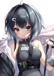 Rule 34 | 1girl, ahoge, arknights, bare shoulders, between breasts, black eyes, black gloves, black hair, blush, bracelet, breasts, closed mouth, coat, unworn coat, ehart, feather hair, fingerless gloves, fur-trimmed coat, fur trim, gloves, hair intakes, hair ornament, hairclip, highres, infection monitor (arknights), jewelry, la pluma (arknights), looking at viewer, medium breasts, short hair with long locks, sidelocks, simple background, small breasts, smile, solo, underbust, upper body, white background, white coat