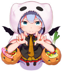 Rule 34 | 1girl, abmayo, absurdres, bat wings, black footwear, black necktie, black ribbon, black shirt, blue hair, blush, candy, commentary request, fake wings, fingernails, food, foreshortening, frills, from above, ghost costume, halloween, halloween costume, hatsune miku, highres, hood, hood up, long hair, looking at viewer, nail polish, necktie, orange nails, orange necktie, orange skirt, red nails, ribbon, shirt, short sleeves, simple background, skirt, smile, solo, spring onion, tie clip, twintails, vocaloid, white background, wings