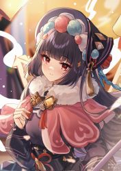 Rule 34 | 1girl, black corset, black hair, blunt bangs, blush, bonnet, capelet, corset, eyeshadow, genshin impact, guzangnanfeng, highres, holding, holding polearm, holding weapon, lolita fashion, long hair, looking at viewer, makeup, multicolored clothes, multicolored headwear, pink capelet, polearm, purple hair, qi lolita, red eyes, red eyeshadow, tassel, vision (genshin impact), weapon, yun jin (genshin impact)