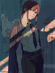 Rule 34 | 1girl, black jacket, black legwear, black necktie, black pants, blood, blood on wall, braid, braided ponytail, brick wall, business suit, chainsaw man, collared shirt, formal, hair between eyes, head tilt, high-waist pants, highres, jacket, light smile, long hair, long sleeves, looking at viewer, makima (chainsaw man), necktie, pants, red hair, ringed eyes, shade, shadow, shirt, shirt tucked in, smile, solo, suemare1, suit, white shirt, yellow eyes