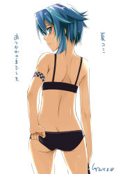 Rule 34 | 10s, 1girl, armband, ass, backlighting, bad id, bad pixiv id, bikini, blue eyes, blue hair, butt crack, cowboy shot, dated, flat ass, from behind, highres, holding, looking back, matching hair/eyes, revision, shikei, short hair, signature, simple background, sinon, solo, sports bikini, swimsuit, sword art online, text focus, translation request, wet, white background