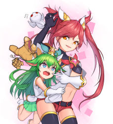 Rule 34 | 2girls, absurdres, alternate costume, alternate hairstyle, animal ears, bad id, bad pixiv id, blitzcrank, boots, dduck kong, elbow gloves, gloves, green hair, hair ornament, highres, jinx (league of legends), league of legends, long hair, lulu (league of legends), magical girl, multiple girls, pix (league of legends), red eyes, red hair, shorts, skirt, star guardian (league of legends), star guardian jinx, star guardian lulu, tears, thighhighs, tiara, twintails, yordle