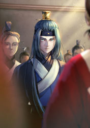 Rule 34 | 6+boys, blue eyes, blue hair, blurry, blurry foreground, clothing request, highres, indoors, lanxi zhen, light beam, long hair, looking at viewer, micho, multiple boys, shadow, solo focus, luo xiaohei zhanji, upper body, wuxian (the legend of luoxiaohei)