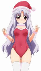 Rule 34 | 1girl, absurdres, azmaria hendric, breasts, christmas, chrno crusade, covered erect nipples, highres, leotard, looking at viewer, medium breasts, non-web source, open mouth, purple hair, red eyes, red leotard, santa costume, simple background, solo, sugimura tomokazu, thighhighs, white background