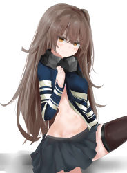 Rule 34 | 1girl, absurdres, black footwear, black scarf, black skirt, black thighhighs, blush, brown eyes, closed mouth, clothes lift, crossed bangs, eyes visible through hair, girls&#039; frontline, grey hair, hair between eyes, highres, holding, lifted by self, long hair, looking at viewer, miniskirt, navel, no bra, official alternate costume, one side up, pleated skirt, ru zhai, scar, scar across eye, scar on face, scarf, sidelocks, simple background, sitting, skirt, smile, solo, standing, stomach, striped clothes, striped scarf, striped sweater, sweater, sweater lift, thighhighs, ump45 (&quot;just this time.&quot;) (girls&#039; frontline), ump45 (girls&#039; frontline), very long hair, white background, zettai ryouiki
