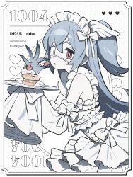 Rule 34 | 1girl, blue hair, cake, claws, colored skin, commission, detached sleeves, dress, eyepatch, food, frilled dress, frills, fruit, half updo, highres, long hair, maid headdress, medical eyepatch, original, poro (apom6n), red eyes, skeb commission, sleeves past fingers, sleeves past wrists, solo, strawberry, strawberry shortcake, white dress, white headdress, white skin, white sleeves