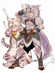 Rule 34 | 1boy, 1girl, animal costume, animal ears, animal hood, arm guards, axe, bare legs, bell, belt, berserker (final fantasy), collar, facial hair, facial mark, fake animal ears, fake tail, family, fang, fang out, final fantasy, final fantasy v, fur trim, galuf halm baldesion, grandfather and granddaughter, grey hair, holding, holding weapon, hood, krile mayer baldesion (ff5), neck bell, pelt, saitou piyoko, sandals, simple background, tail, teeth, thigh strap, weapon, weapon on back, wolf costume, wolf ears, wolf tail