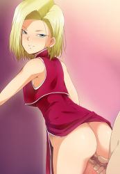 Rule 34 | 1girl, android 18, ass, back, bare arms, bare legs, blonde hair, blue eyes, blush, bob cut, breasts, censored, china dress, chinese clothes, clothed female nude male, dragon ball, dragonball z, dress, earrings, gradient background, highres, hoop earrings, kaiga, legs, looking back, mosaic censoring, no panties, nude, parted lips, penis, pussy juice, sex, short hair, simple background, sleeveless, smile, solo focus, standing, thighs, vaginal, wet