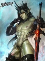 Rule 34 | 1boy, abs, absurdres, black hair, colored skin, crown, foreskin, green skin, highres, holding, holding sword, holding weapon, long hair, looking at viewer, male focus, mrelagan, nipples, orc, original, penis, pointy ears, pubic hair, realistic, red eyes, solo focus, sword, weapon, wide hips
