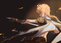 Rule 34 | 1boy, aether (genshin impact), ahoge, arm armor, armor, belt, black background, black belt, black shirt, blonde hair, braid, brown background, brown gloves, brown pants, closed mouth, fire, genshin impact, gloves, hair between eyes, holding, holding sword, holding weapon, kizuku vii, long hair, looking to the side, male focus, orange eyes, pants, scarf, shirt, short sleeves, shoulder armor, simple background, solo, standing, sword, torn clothes, v-shaped eyebrows, weapon, white scarf