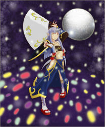 Rule 34 | 1girl, bandeau, banpresto, bell, blue hair, disco ball, eggoverlord, flat chest, hime cut, horns, image sample, jingle bell, light particles, lights, midriff, oni, pointing, pointy ears, single horn, slippers, slit pupils, solo, strapless, super robot wars, super robot wars og saga mugen no frontier, suzuka hime, tabi, tube top, twintails, yellow eyes
