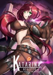 Rule 34 | 1girl, blade, breasts, gloves, green eyes, katarina (league of legends), knife, large breasts, league of legends, long hair, midriff, negister, red hair, sideboob, smile, solo, throwing knife, very long hair, weapon