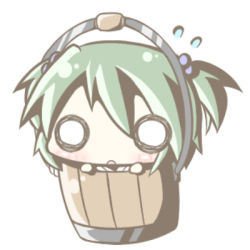 Rule 34 | 1girl, aoblue, blush, bucket, female focus, flying sweatdrops, green hair, hair bobbles, hair ornament, in bucket, in container, kisume, lowres, o o, open mouth, short hair, solo, touhou, twintails, white background