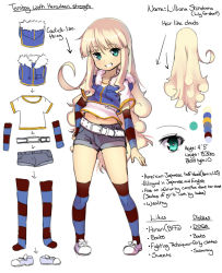 Rule 34 | 1girl, arrow (symbol), bad id, bad tumblr id, belt, blonde hair, character profile, character sheet, detached sleeves, english text, flat chest, green eyes, grin, long hair, magister, navel, original, pigeon-toed, shiratama liliana (magister), shirt, short shorts, shorts, smile, solo, striped clothes, striped sleeves, striped thighhighs, t-shirt, thighhighs, tomboy, very long hair, vest