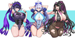 Rule 34 | 3girls, arm behind head, arm up, armlet, armpits, arms behind head, arms up, bare shoulders, bikini, black bikini, black gloves, black hair, black headwear, black legwear, black one-piece swimsuit, blue bow, blue jacket, blue one-piece swimsuit, blush, bow, breasts, cleavage, competition swimsuit, covered navel, facial mark, fate/grand order, fate (series), fellatio gesture, fingerless gloves, flower, forehead mark, gloves, gold trim, hair between eyes, hair bow, hair flower, hair ornament, hair up, half gloves, halterneck, hat, hella p, highleg, highleg swimsuit, huge breasts, jacket, large breasts, long hair, looking at viewer, multicolored hair, multiple girls, murasaki shikibu (fate), murasaki shikibu (swimsuit rider) (fate), murasaki shikibu (swimsuit rider) (first ascension) (fate), necktie, one-piece swimsuit, open mouth, pantyhose, parted bangs, pink hair, pink neckwear, police hat, ponytail, purple eyes, purple hair, red eyes, sessyoin kiara, sessyoin kiara (swimsuit mooncancer), sessyoin kiara (swimsuit mooncancer) (second ascension), shawl, short sleeves, silver hair, streaked hair, swimsuit, thighs, tomoe gozen (fate), tomoe gozen (swimsuit saber) (fate), tomoe gozen (swimsuit saber) (first ascension) (fate), tongue, tongue out, torn clothes, torn legwear, two-tone swimsuit, very long hair, white one-piece swimsuit, yellow eyes