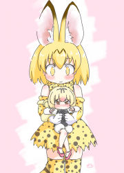 Rule 34 | 10s, 2girls, animal ears, bare legs, bare shoulders, blonde hair, blush, bow, bowtie, carrying, dress shoes, elbow gloves, full-face blush, gloves, hair bow, highres, kemono friends, long sleeves, multicolored hair, multiple girls, puffy sleeves, serval (kemono friends), serval print, serval tail, short hair, silky anteater (kemono friends), skirt, tail, thighhighs, uho (uhoyoshi-o), vest