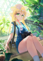 Rule 34 | 1girl, :o, bag, blonde hair, blue overalls, blurry, blurry foreground, bottle, braid, brand name imitation, bush, camera, camera around neck, commentary, commentary request, day, english commentary, feet out of frame, fern, glasses, green eyes, greenhouse, highres, indoors, long hair, looking down, mixed-language commentary, original, over-rim eyewear, overalls, parted lips, pistachiocream, plant, round eyewear, semi-rimless eyewear, shirt, short sleeves, shoulder bag, signature, single braid, sitting, snail, socks, solo, stairs, thighs, water bottle, white headwear, white shirt, white socks, yellow-framed eyewear