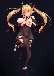 Rule 34 | 1girl, bad id, bad pixiv id, breasts, collar, demon girl, demon horns, demon tail, demon wings, glowing tattoo, heart-shaped boob challenge, highres, horns, long hair, looking at viewer, nipple piercing, nipples, piercing, pink eyes, pointy ears, pubic tattoo, slit pupils, smile, solo, demon girl, tail, tattoo, toeless legwear, twintails, wings, yakou (4507770)
