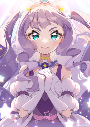 Rule 34 | 1girl, artist name, backlighting, blue eyes, brooch, closed mouth, clothing cutout, commentary, cure majesty, dress, ellee-chan, gloves, highres, hirogaru sky! precure, jewelry, long hair, own hands together, praying, precure, purple dress, purple hair, short sleeves, shoulder cutout, signature, smile, solo, sparkle, star (symbol), twitter username, two side up, upper body, very long hair, white gloves, wind, wing brooch, wing hair ornament, yukinko (yukiwork)