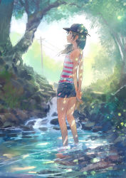 Rule 34 | 1girl, arms behind back, bare shoulders, baseball cap, black eyes, brown hair, dappled sunlight, flat chest, hat, highres, light particles, long hair, original, own hands clasped, own hands together, partially submerged, power lines, profile, shorts, sketch, solo, standing, stream, striped, striped tank top, sunlight, tank top, tree, utility pole, wading, water, wind, you (shimizu)