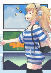 Rule 34 | 1girl, alternate costume, backpack, bag, blonde hair, blue sky, closed eyes, cloud, commentary request, cowboy shot, flower, gambier bay (kancolle), grey shorts, hair ornament, highres, kantai collection, long hair, shirt, shorts, sky, smile, solo, striped clothes, striped shirt, toge nbo, twintails, walking