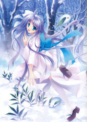 Rule 34 | 1girl, absurdres, blue eyes, blue hair, bow, full body, highres, long hair, looking at viewer, open mouth, scan, snow, snow rabbit, solo, tree, very long hair, yamamoto kazue