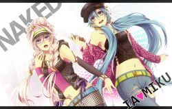 Rule 34 | 2girls, aqua hair, bad id, bad pixiv id, belt, blue eyes, braid, character name, detached sleeves, domco, green eyes, hat, hatsune miku, highres, ia (vocaloid), letterboxed, long hair, midriff, multiple girls, navel, open mouth, pink hair, twin braids, twintails, very long hair, visor, visor cap, vocaloid