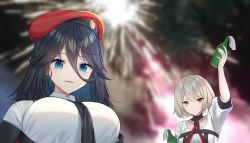 Rule 34 | 2girls, beret, black hair, black necktie, blue eyes, blurry, blurry background, breasts, closed mouth, commander (girls&#039; frontline), commentary, english commentary, expressionless, female commander (girls&#039; frontline), fireworks, girls&#039; frontline, griffin &amp; kryuger military uniform, hair between eyes, hat, highres, holding, holding weapon, large breasts, long hair, looking at viewer, molotov cocktail, multiple girls, necktie, open mouth, orange eyes, red headwear, rynzfrancis, shirt, short hair, silver hair, smile, teeth, upper body, upper teeth only, vector (girls&#039; frontline), weapon, white shirt