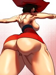 Rule 34 | 1girl, anus, anus peek, ass, ass focus, back, back muscles, back turned, backboob, black hair, bob cut, breasts, closed mouth, cowboy shot, curvy, from behind, from below, green eyes, guilty gear, guilty gear xx, hat, high-waist skirt, highres, huge ass, i-no, large breasts, legs apart, looking at viewer, looking back, looking down, microskirt, narrow waist, naughty face, outstretched arms, partially visible vulva, pivotkraner, red hat, red leather, red skirt, shiny skin, short hair, shoulder blades, skirt, smirk, solo, spread arms, standing, striped background, thick thighs, thighs, tight clothes, toned, topless, triceps, underbutt, wide hips, witch hat