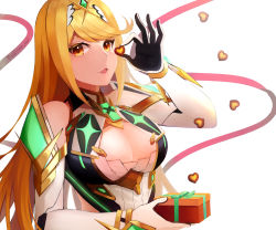 Rule 34 | 1girl, armor, artist request, bad id, bad pixiv id, bare shoulders, blonde hair, breasts, chest jewel, chocolate, cleavage cutout, clothing cutout, earrings, elbow gloves, gem, gloves, headpiece, highres, jewelry, large breasts, long hair, mythra (xenoblade), nintendo, nurishiro, shoulder armor, simple background, solo, swept bangs, tiara, valentine, white background, xenoblade chronicles (series), xenoblade chronicles 2, yellow eyes