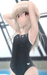 Rule 34 | 1girl, armpits, arms behind head, arms up, black one-piece swimsuit, blush, breasts, fate/kaleid liner prisma illya, fate (series), hair between eyes, highres, illyasviel von einzbern, long hair, looking at viewer, one-piece swimsuit, red eyes, rei no pool, school swimsuit, sidelocks, siraha, small breasts, solo, swimsuit, wet, white hair
