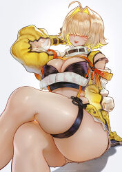 Rule 34 | 1girl, ahoge, blonde hair, blush, breasts, elegg (nikke), goddess of victory: nikke, hair intakes, hair over eyes, highres, large breasts, long bangs, long sleeves, magion02, open mouth, plump, short hair, shorts, smile, solo, suspenders, thick thighs, thigh strap, thighs