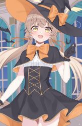 1girl :d alternate_costume bat_(animal) black_capelet black_dress black_gloves blue_archive blush bow breasts brown_hair capelet cowboy_shot dress frilled_gloves frills gloves halloween hat hat_bow hifumi_(blue_archive) highres kurumi_lm long_hair looking_at_viewer open_mouth short_dress sleeveless sleeveless_dress small_breasts smile solo standing teeth twintails upper_body upper_teeth_only very_long_hair window witch witch_hat yellow_eyes