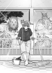 Rule 34 | 1boy, alternate costume, animal, animal on shoulder, black eyes, black hair, boots, bucket, cat, commentary request, facial hair, facial scar, full body, gloves, goatee, golden kamuy, greyscale, hair strand, hat, indoors, jacket, leash, lion, looking at viewer, male focus, monochrome, mop, nakamura mami, ogata hyakunosuke, pants, scar, scar on cheek, scar on face, short hair, signature, sleeves rolled up, solo, standing, stubble, uniform, zoo