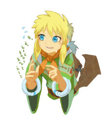 Rule 34 | 1boy, akumesik, blonde hair, blue eyes, commentary, grandia, grandia ii, highres, long hair, male focus, open mouth, ponytail, roan (grandia), simple background, solo, sweat, white background