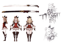 Rule 34 | 1girl, blonde hair, boots, bow, bravely default: flying fairy, bravely default (series), concept art, edea lee, elbow pads, gloves, hair bow, knee boots, knee pads, long hair, multiple views, official art, pantyhose, scabbard, scan, sheath, smile, sword, turnaround, weapon, yoshida akihiko