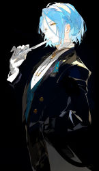 Rule 34 | 1boy, black background, black suit, blue hair, butter knife, buttons, collared shirt, cowboy shot, ensemble stars!, eyelashes, ezu (e104mjd), formal, gloves, hair between eyes, half-closed eyes, hand in pocket, highres, himeru (ensemble stars!), holding, holding knife, knife, light blue hair, long sleeves, male focus, profile, shirt, short hair, simple background, solo, suit, white gloves, yellow eyes