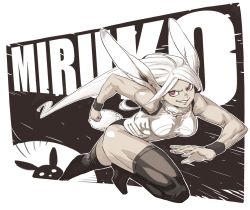 Rule 34 | 10s, 1girl, animal ears, archvermin, text background, bare arms, bare shoulders, black background, black thighhighs, boku no hero academia, breasts, breasts apart, character name, dark-skinned female, dark skin, excited, from side, grin, halterneck, happy, highres, large breasts, leotard, long hair, looking at viewer, mirko, monochrome, motion lines, muscular, muscular female, outline, parted bangs, parted lips, playboy bunny, pointy ears, rabbit ears, rabbit symbol, rabbit tail, red eyes, running, smile, swept bangs, tail, teeth, thighhighs, thighs, very long hair, white background, white hair, white leotard, wristband
