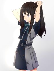 Rule 34 | 1girl, adjusting hair, arms behind head, belt, black hair, blue belt, blue dress, collared shirt, commentary request, cowboy shot, dress, green ribbon, grey dress, highres, inoue takina, keeemu (gouf2016), long hair, looking ahead, lycoris recoil, lycoris uniform, mouth hold, neck ribbon, pleated dress, purple eyes, ribbon, rubber band, shirt, short sleeves, simple background, solo, two-tone dress, white shirt