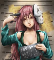 Rule 34 | 1girl, adapted costume, alternate costume, bare shoulders, breasts, cleavage, gun, gun to head, hata no kokoro, height chart, holding, holding gun, holding sign, holding weapon, lips, long hair, long sleeves, looking at viewer, makashivt, mask, mugshot, noh mask, pink eyes, pink hair, shirt, sign, small breasts, smile, solo, string, touhou, wanted, weapon