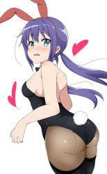 Rule 34 | 1girl, absurdres, animal ears, ass, back-seamed legwear, bare shoulders, black leotard, black pantyhose, blue eyes, blue hair, blush, bow, bowtie, breasts, commentary request, fake animal ears, hair ornament, heart, highres, koisuru asteroid, leotard, long hair, looking at viewer, looking back, manaka ao, pantyhose, playboy bunny, rabbit ears, rabbit tail, riyo (aokiwazumi), seamed legwear, simple background, solo, tail, thighhighs, twintails, wavy mouth, white background