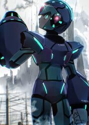Rule 34 | 1boy, android, arm cannon, armor, blue armor, blue eyes, blue headwear, blurry, blurry background, cang she, clenched hand, forehead jewel, from behind, glowing, helm, helmet, highres, looking at viewer, looking back, mega man (series), mega man x (series), neon trim, official alternate costume, solo, upper body, weapon, x (mega man)