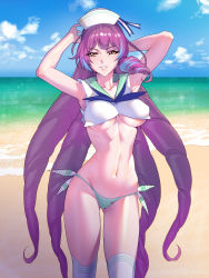 Rule 34 | 10s, 1girl, arms up, beach, bikini, blue sky, breasts, commentary request, day, don (rg06268), hat, highres, large breasts, long hair, looking at viewer, macross, macross delta, mikumo guynemer, multicolored hair, navel, ocean, outdoors, purple hair, red eyes, sailor bikini, sailor collar, sailor hat, shiny skin, sky, smile, solo, standing, swimsuit, thighhighs, two-tone hair, very long hair, water, white bikini, white thighhighs
