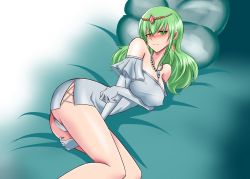 Rule 34 | 1girl, ass, bed, blush, breasts, dress, covered erect nipples, fairy tail, gloves, green eyes, green hair, hisui e. fiore, large breasts, looking at viewer, panties, solo, underwear