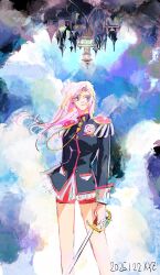 1girl black_jacket blue_eyes breasts castle closed_mouth dated epaulettes feet_out_of_frame floating_hair highres holding holding_sword holding_weapon jacket long_hair medium_breasts parted_bangs pink_hair rapier red_shorts short_shorts shorts shoujo_kakumei_utena solo sword tenjou_utena upside-down weapon windychariot