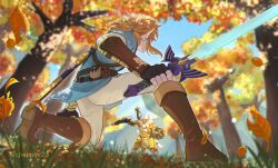 Rule 34 | 2boys, arm guards, artist name, axe, battle axe, black gloves, blonde hair, blue shirt, blue sky, blue tunic, boots, brown footwear, centaur, commentary request, day, facing away, fighting stance, fingerless gloves, from below, full body, gloves, grass, highres, holding, holding axe, holding shield, holding sword, holding weapon, horns, leaf, light rays, link, looking at another, low ponytail, lynel, male focus, medium hair, multiple boys, nintendo, outdoors, pants, pointy ears, ponytail, scar, scar on chest, shield, shirt, sidelocks, sky, standing, sword, taur, the legend of zelda, the legend of zelda: breath of the wild, tree, tunic, twitter username, weapon, white hair, white pants, yayoi (chepiiii23)