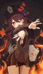 Rule 34 | 1girl, absurdres, black hat, black nails, black shorts, blush, brown coat, brown hair, bug, butterfly, coat, commentary, crossed arms, fire, flower, flower-shaped pupils, genshin impact, ghost, hair between eyes, hat, hat flower, highres, hu tao (genshin impact), insect, jewelry, long hair, long sleeves, looking at viewer, multiple rings, open mouth, outstretched arms, pellas (panix2383), porkpie hat, red eyes, ring, short shorts, shorts, sidelocks, smile, solo, symbol-only commentary, symbol-shaped pupils, tassel, twintails, wide sleeves