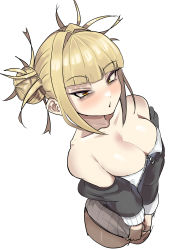 Rule 34 | 1girl, absurdres, bags under eyes, blonde hair, blunt bangs, blush, boku no hero academia, breasts, cleavage, collarbone, cropped legs, double bun, from above, hair bun, highres, jacket, jacket partially removed, looking at viewer, medium breasts, messy hair, off shoulder, orange eyes, partially unzipped, puckered lips, sanpaku, sidelocks, simple background, slit pupils, toga himiko, tsurime, v arms, white background, zd (pixiv6210083)