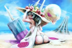 Rule 34 | 1girl, absurdres, ass, beach, bikini, breasts, cloud, food, hat, highres, ice cream, long hair, looking at viewer, lord of vermilion, ocean, open mouth, oversized food, oversized object, popsicle, solo, striped bikini, striped clothes, swimsuit, waraya