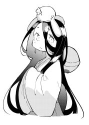 Rule 34 | 1girl, bell, chuugoku usagi, closed mouth, cropped legs, expressionless, greyscale, hair bell, hair between eyes, hair ornament, halftone, hands in opposite sleeves, highres, japanese clothes, jingle bell, kimono, light blush, long hair, long sleeves, looking at viewer, monochrome, object on head, oversized object, raised eyebrows, screentones, shimazaki1152, short eyebrows, simple background, solo, stuffed animal, stuffed rabbit, stuffed toy, very long hair, voicevox, wide sleeves
